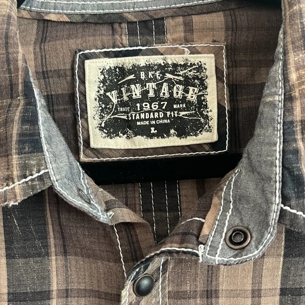 BKE Plaid Casual Button Down Shirt - Black and Brown - Picture 2 of 4